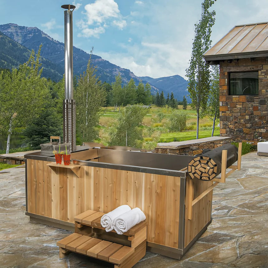 Oxinatubs Starlight Wood Burning Hot Tub Kit, featuring a durable wooden design for outdoor relaxation