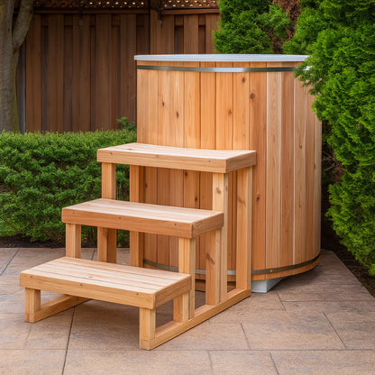 Rustic Baltic Cold Plunge Tub made of Eastern White Cedar, designed for cold therapy and wellness, showcasing natural wood grain with a sleek ergonomic design in an outdoor setting.-2