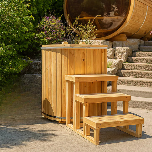 Rustic Baltic Cold Plunge Tub made of Eastern White Cedar, designed for cold therapy and wellness, showcasing natural wood grain with a sleek ergonomic design in an outdoor setting.